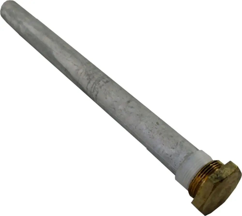 Magnesiumanode von Wolf, länglicher Metallstab mit gewindeartigem Ende und einer hexagonal geformten Mutter zur Montage, geeignet für den Einsatz in Heizsystemen.